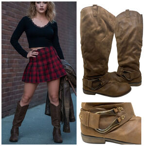 Vintage Y2K Tall Slouchy Brown Vegan Suede Harness Knee Boots Women's Sz 11